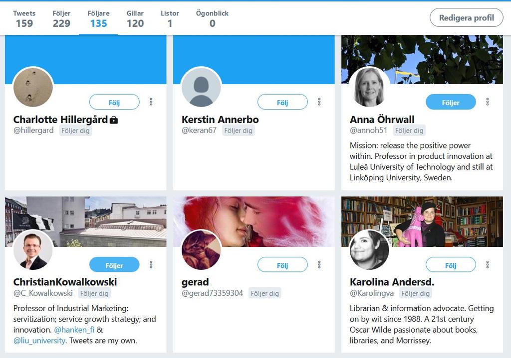 Johanna Nählinder LiUB 2018-11-12 36 Twitter följ andra twittrare Identifiera ditt gäng Allmänheten Andra