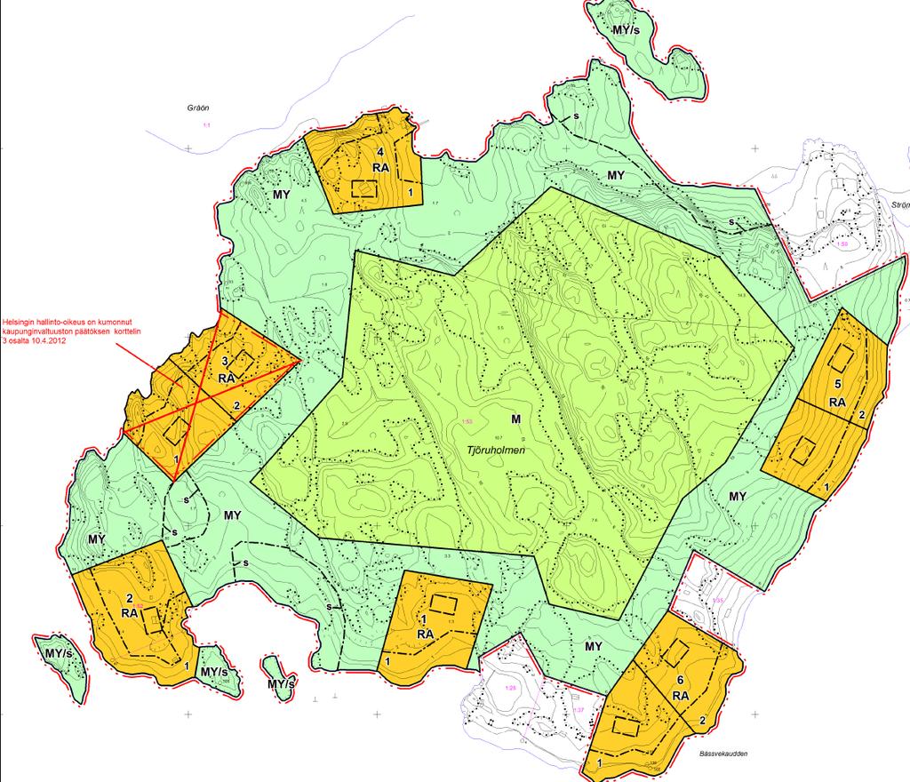 4.3 Gällande stranddetaljplan Ett utdrag av den gällande stranddetaljplanen Förvaltningsdomstolen upphävde beslutet om godkännande för kvarter 3. Beslutet motiverade FD bl.a. med följande: MY-områdena mellan fritidsbostadskvarteren på den södra och västra stranden bildar inte ett tillräckligt enhetligt obebyggt strandområde.