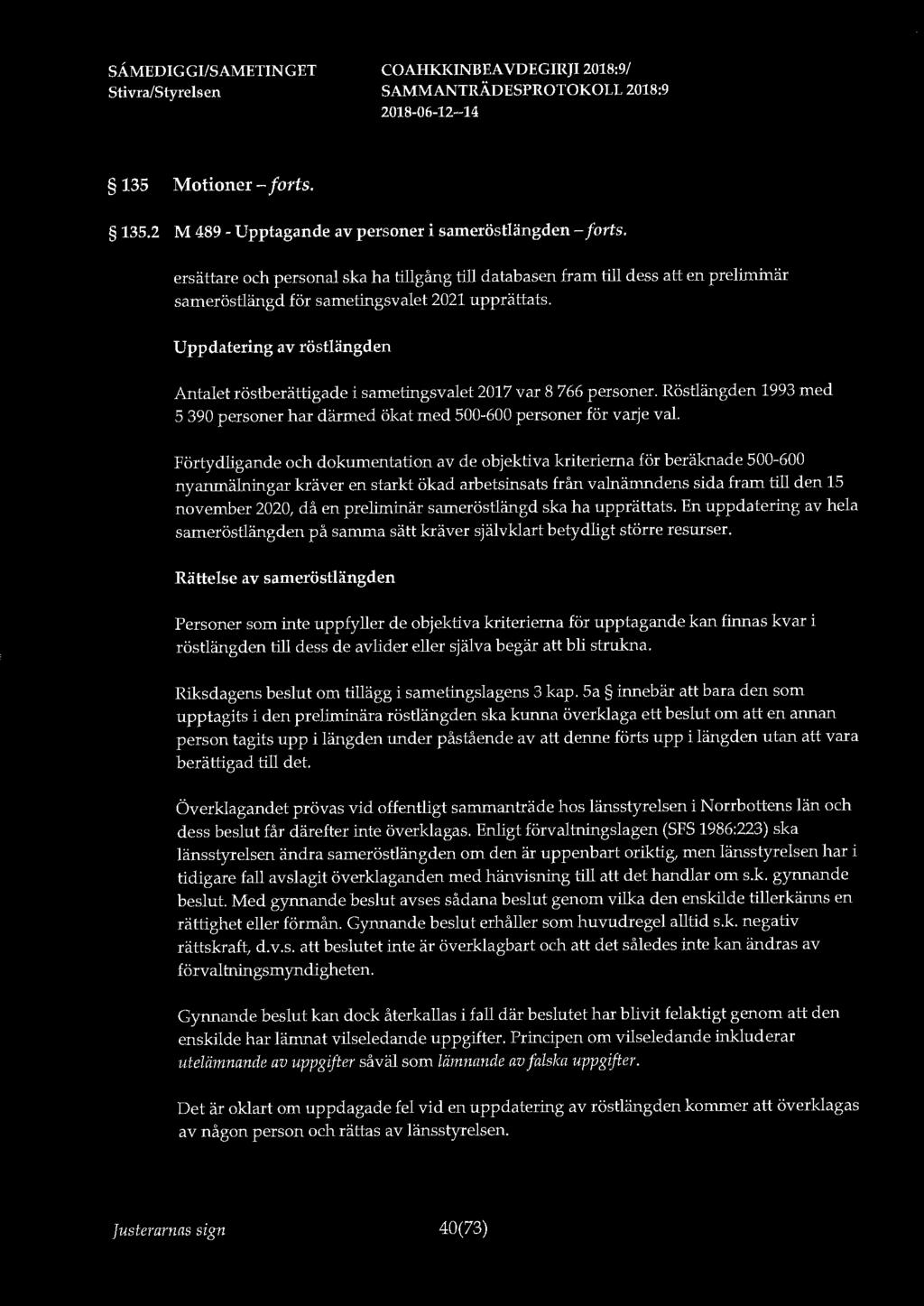 135 Motioner - forts. 135.2 M 489 - Upptagande av personer i sameröstlängden - forts.