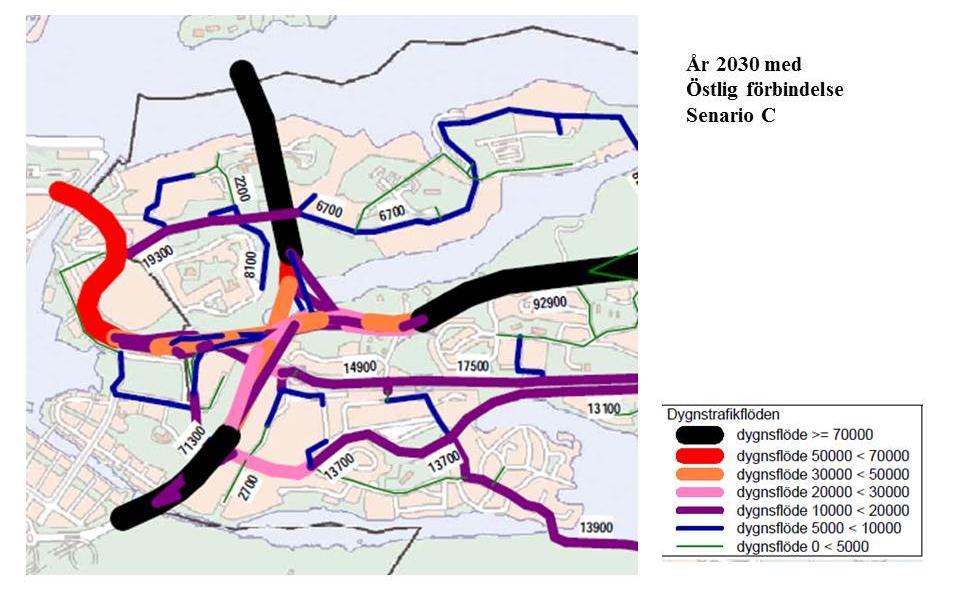 Nacka kommuns prognos för år 2030 med en Östlig förbindelse (Senario C) Sicklavägen utgör omledningsvägnät för Södra Länken.