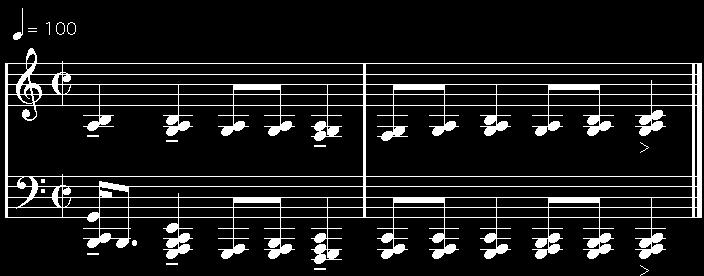 11 ser vi hur han avslutade stycket med en variation av ett av sina rytmiska motiv (se fig. 5.16). Accenterna skapade han genom att öka antalet toner i ackorden. Figur 6.