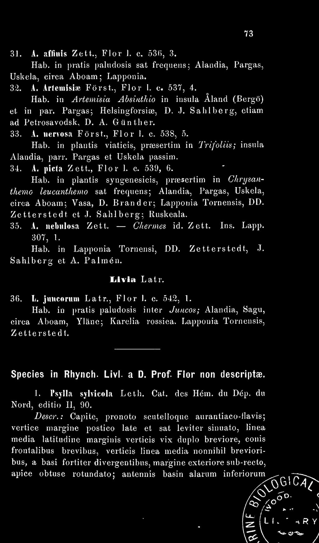 in plantis viaticis, preesertim in Trifoliis; insula Alandia, parr. Pargas et Uskela passim. 34. A. picta Zett., Flor 1. c. 539, 6. Hab.