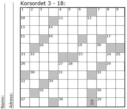 Korsord nr 3-2018 Vågrätt: 1. Missnöjesyttring 7. Sambastad 10. Först på spåret 11. Är kanske "blåögd" 13. Kan hittas på strand 15. Holland 16. Vintersportort 17. I koksalt 18. Hela 21. Torr 23.