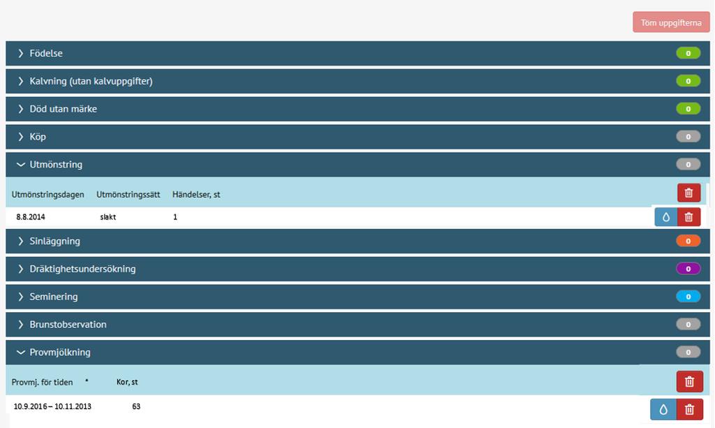 Bearbetning av den överförda filen i programmet Min Gård Hur uppgifterna sparas i registret När du klickar under på hyvudrubrikerna, öppnas de djurspecifika raderna.