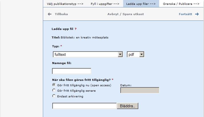 Under Presentation behöver du inte fylla i något. 12. Ladda upp fil: Ladda upp uppsatsen/examensarbetet i pdf-format (A4).