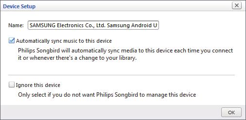 Enheten synkroniseras med Philips Songbird automatiskt. Om du inte valde automatisk synkronisering kan du synka med Songbird manuellt. 1 Markera enheten i Devices (Enheter).