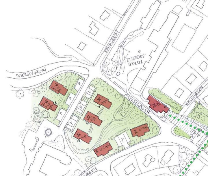 Planerade byggnader innefattar nya bostadshus och en utbyggnad av den befintliga skolan, se Figur 2.