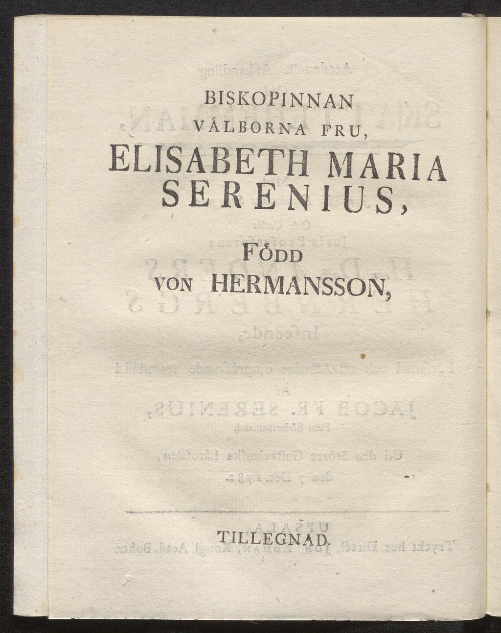 BISKOPINNAN välborna fru, ELISABETH MARIA