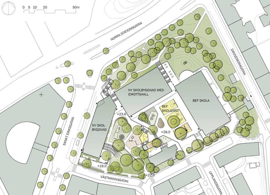 Inledning Bakgrund Rödabergsskolan och S:t Eriksparken i Stockholm är föremål för studier för ny detaljplan då skolan är i behov av kompletterande lokaler och ny idrottshall.