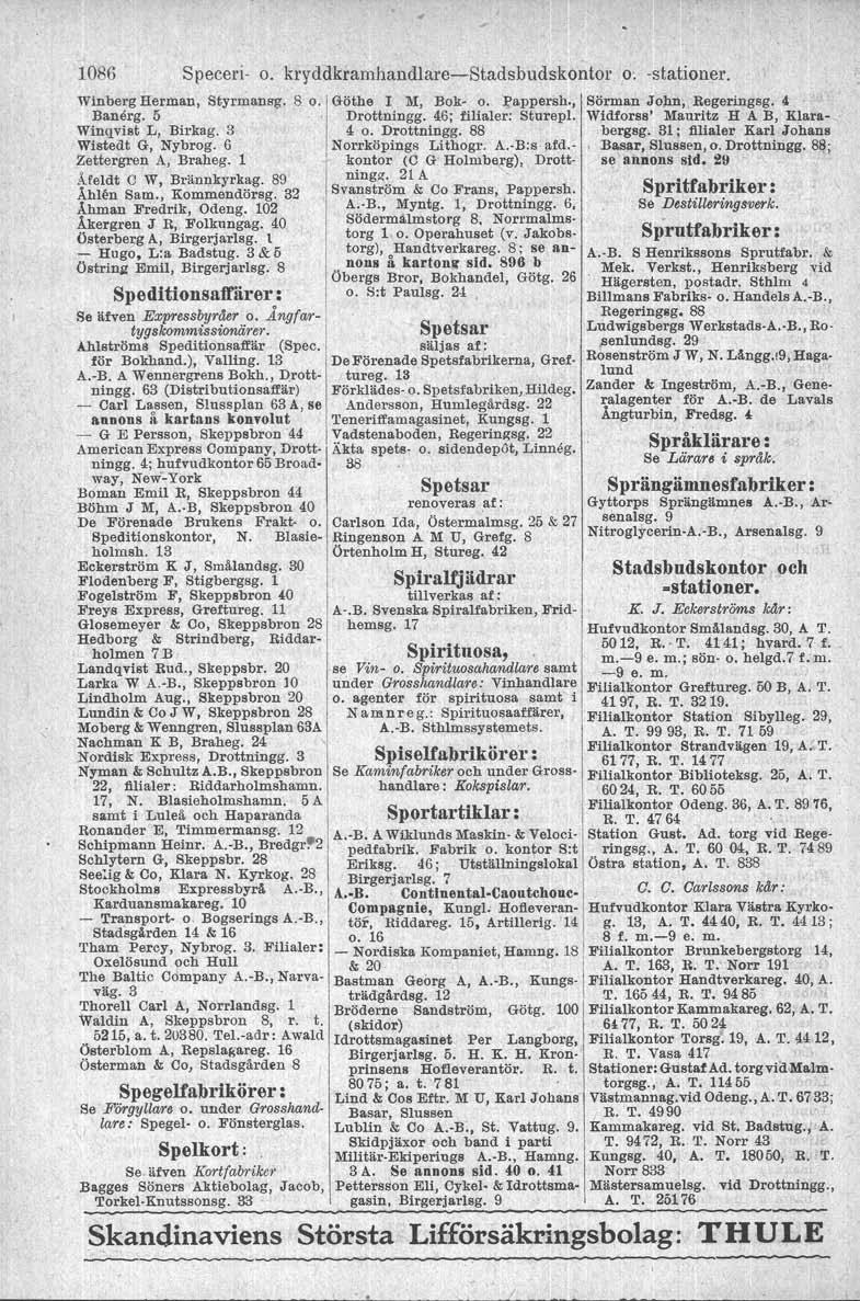 1086 Speceri- o. kryddkramhalldlare-stadsbudskontor o: -stationer. Spetsar Winberg Herman, Styrmansg. 8 O'[Göthe I M, Bok- o.' Pappersh., Banerg. 5,,Drottningg. 46; filialer: Sturepl.