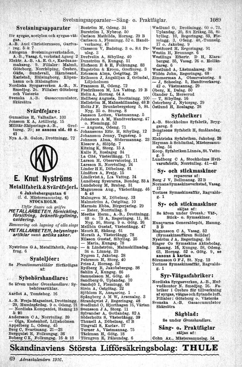 ' Svetsniugsapparater-e-Sång- o. Praktfåglar..Svetsning~ai>p'atl1ter' \ Boström M, Ofleng. 34 -. Burström l, Nybro!(. fio för syrg~s, acetylen och syrgas-vät- Carlson Mathilda, Hornsg. 29 B gas.