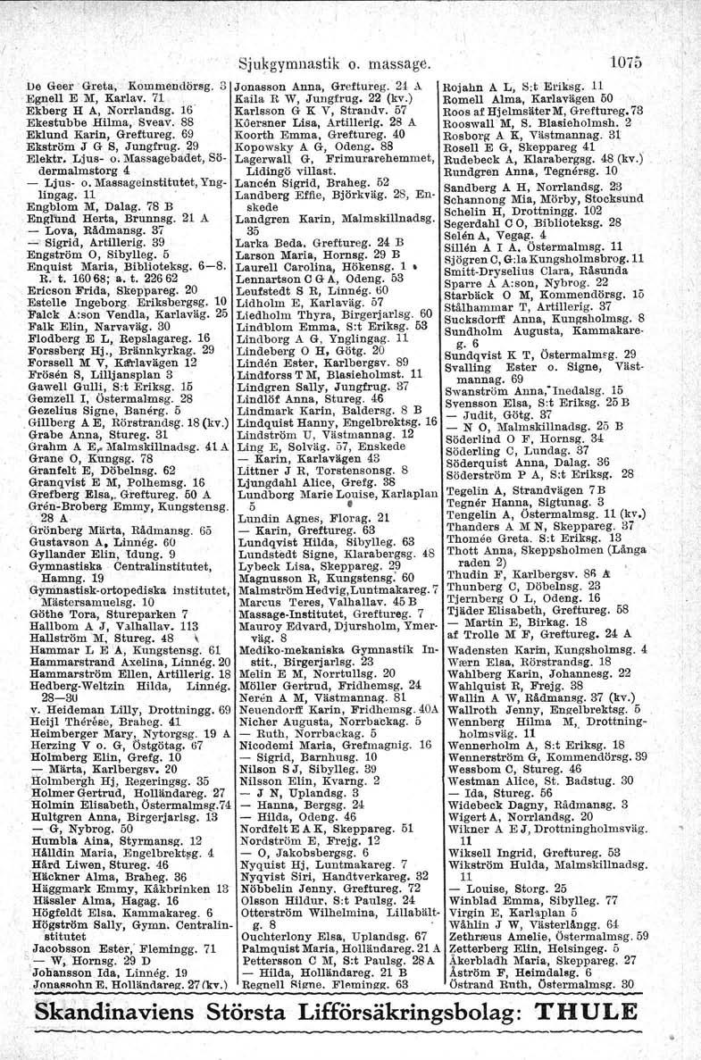 De Geer' Greta,. ll.ommendörsg. 3 Egnell E M, Karlav. 71 Ekberg H A, Norr'landsg, 16' Ekestubbe Hilma, Sveav. 88 Eklund Karin, Greftureg. 69 Ekström J G S, Jungfrug. ~9 Elektr. Ljus- o. Massagebadet.