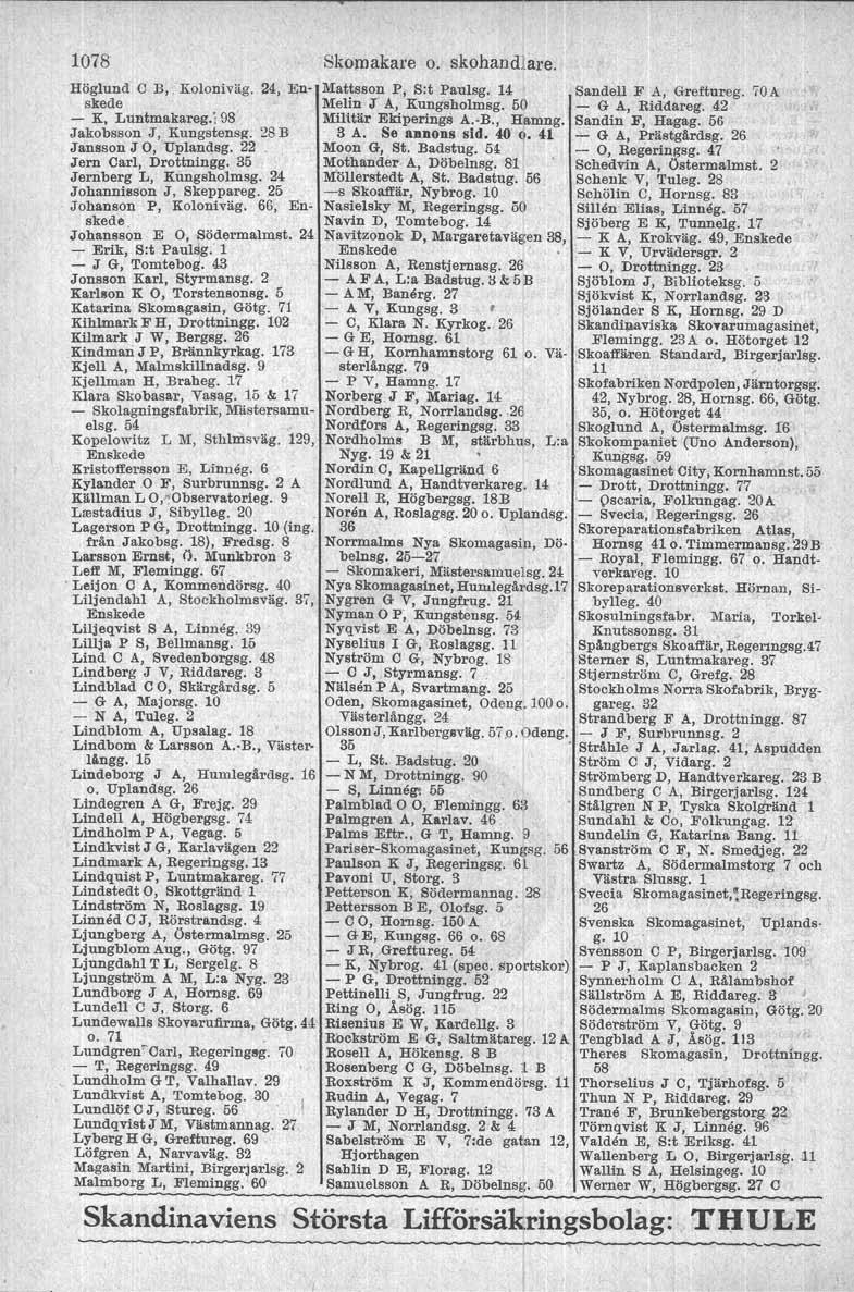 1078 Höglund C B, Koloniväg. 24, Enskede - K, Luntmakareg.i 98' Jakobsson J, Kungatensg. 28 B Jansson J 0, 'Uplandsg, 22 Jern Carl, Drottningg. 35 Jernberg L, Kungsholmsg. 24 Johannisson J, Skeppareg.