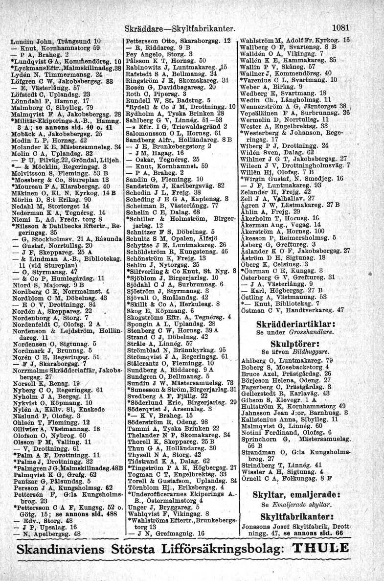 Lundin,John, Trångsund 10 ~ _. Knut, Kornhamnstorg 59. - p A; Braheg, 2' Lundqvlst G A, '!Komdtenaörsg. 10 LyckmausEftr.,Malmskillnadsg.38 Lyden N. Tlmmermansg. 24 - Löfgren O W, Jakobsbergsg.