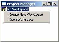 Högerklicka en gång på texten 'No Workspace', texten märks nu med blå bakgrund... Härifrån kan du skapa ett nytt, eller öppna ett befintligt 'Workspace'.