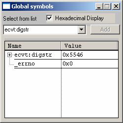Alternativet 'Hexadecimal Display' används för att ställa in visningsformatet. I denna bild visas variabler som deklarerats i standard C biblioteket.