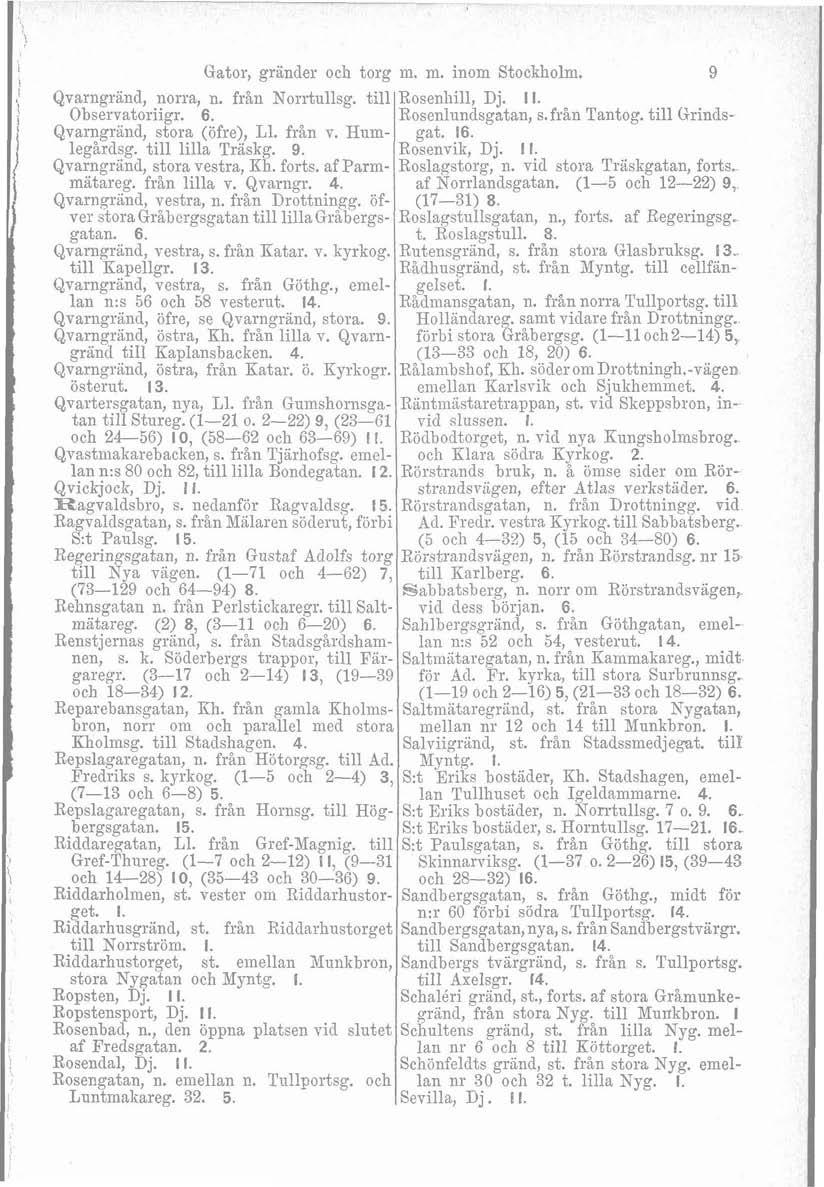 1: ' Gator, grander och t,org m. m. inom Stockholni. 9 ' Qvarngriind, norra, n. från Norrtullsg. till Rosenliill, Dj. I Observat,oriigr. 6. Rosenlundsgatan, s.från Tantog.