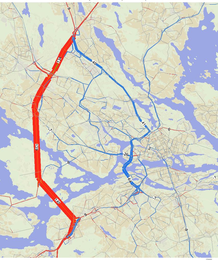 17 (20) Figuren nedan visar effekten av att Förbifart Stockholm byggs med trafikflöden från trafikprognosen 2035. Den skulle då avlasta ett mycket hårt belastat vägnät.