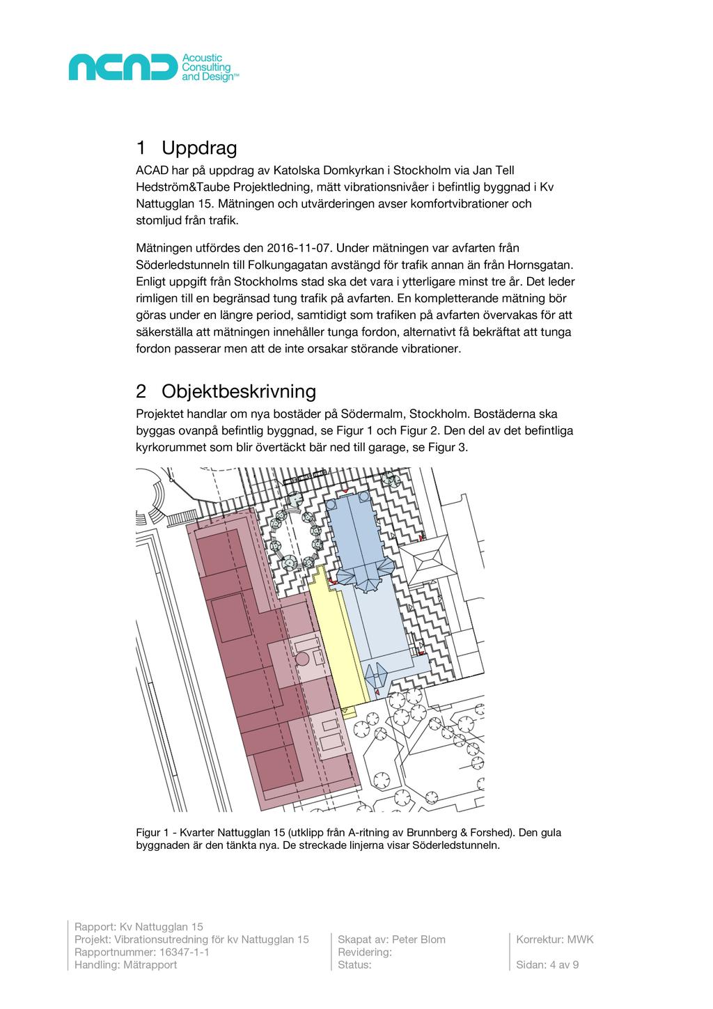 1 Uppdrag ACAD har på uppdrag av Katolska Domkyrkan i Stockholm via Jan Tell Hed s tröm&taube Projektledning, mätt vibrationsnivåer i befintlig byggnad i Kv Nattugglan 15.