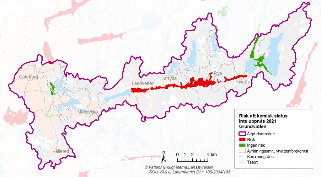 Figur 6. Riskbedömning för grundvattenförekomster i Mölndalsåns åtgärdsområde. Källa: VISS 2015-08-15. www.viss.lansstyrelsen.