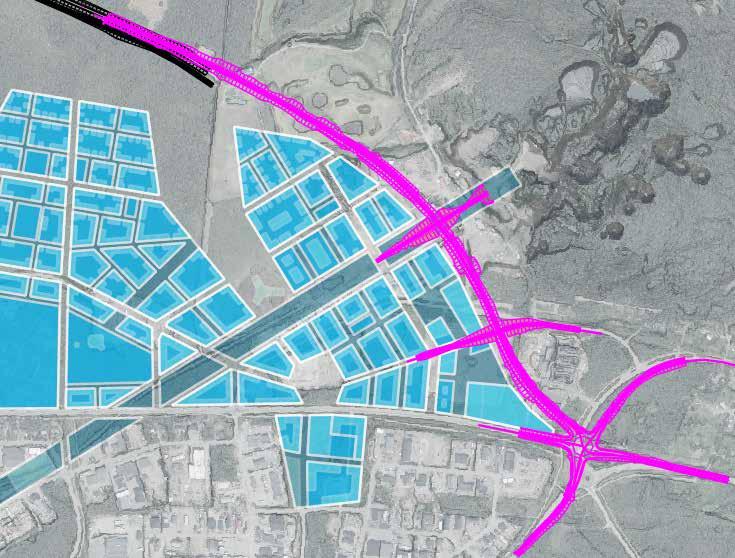 sträckning. 5.3 Alternativ A Figur 5.3 Alternativ A I detta alternativ går vägen i ett västligt läge nära Kiruna nya centrum och ansluter mot befintlig E10 söderut i en fembent cirkulationsplats.