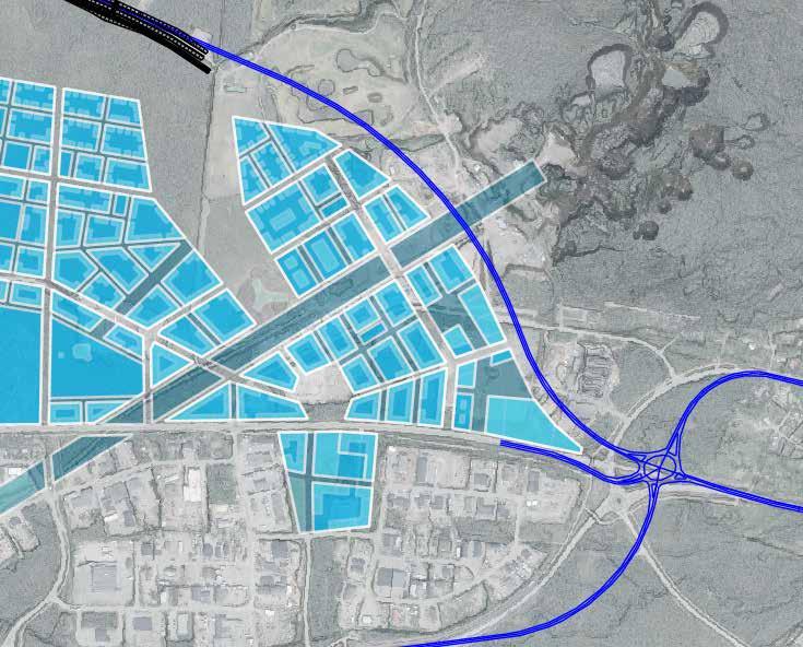 6.4 Alternativ 7 I detta alternativ går vägen i samma läge som alternativ A nära Kiruna nya centrum och ansluter mot befintlig E10 söderut i en stor fembent cirkulationsplats något längre från staden.