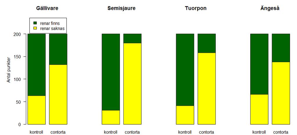 3.2 Områden med contortatall Resultatet från modelleringen visar ett signifikant samband att det finns lägre intensitet av renar i områden med contortatall i samtliga samebyar jämfört med övriga