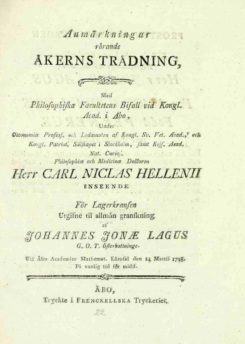 Än. märk ning ar rörande ÅKERNS TRÅDNING, Med' Philofoplujka' Faenhetens '/Bifall vid KongL Acad. i Abo r Under' economice Profesf,. &_,.