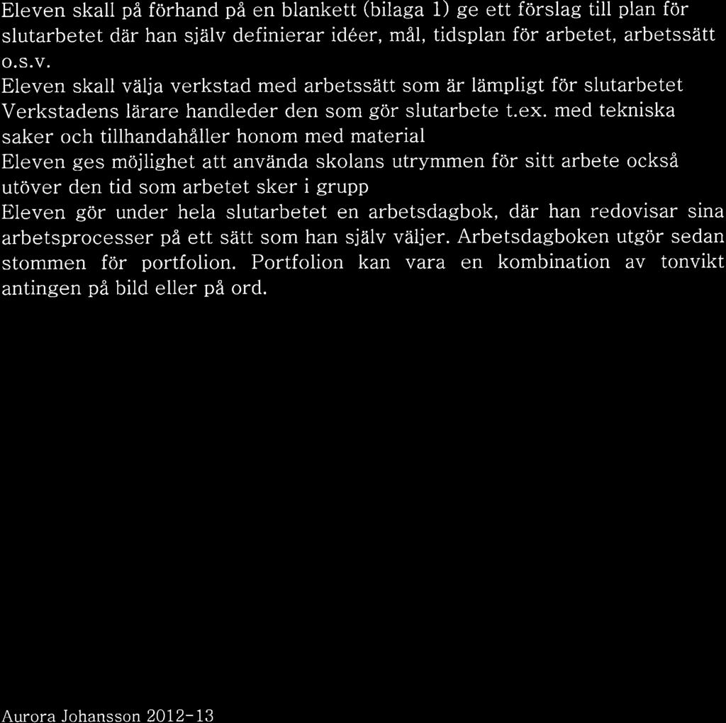 under hela slutarbetet en arbetsdagbok, där han redovisar sina arbetsprocesser på ett sätt som han sjalv väljer. Arbetsdagboken utgör sedan stommen för portfolion.