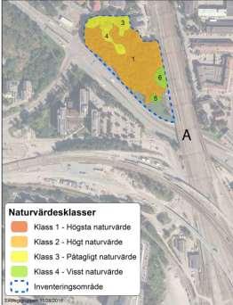 Figur 16 Naturvärdesklasser enligt naturvärdesinventering genomförs väster om järnvägsspåren, Ostkustbanan.