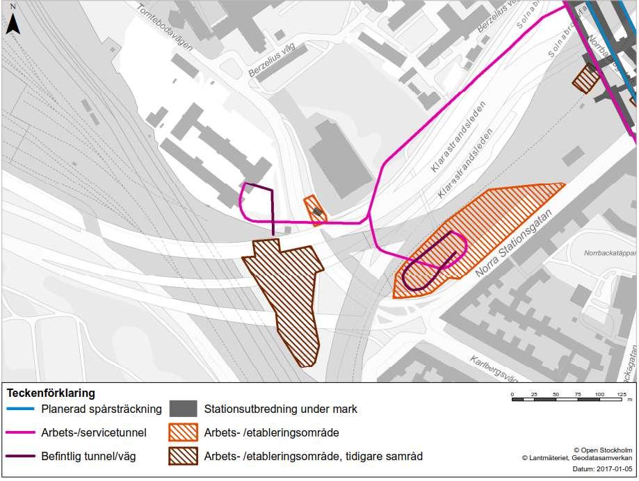 Yta justeras efter reservkraftsaggregat. Figur 19 Planerat läge för arbetstunnel och förslag till utbredning av arbets-/etableringsområde vid station Hagastaden. 5.