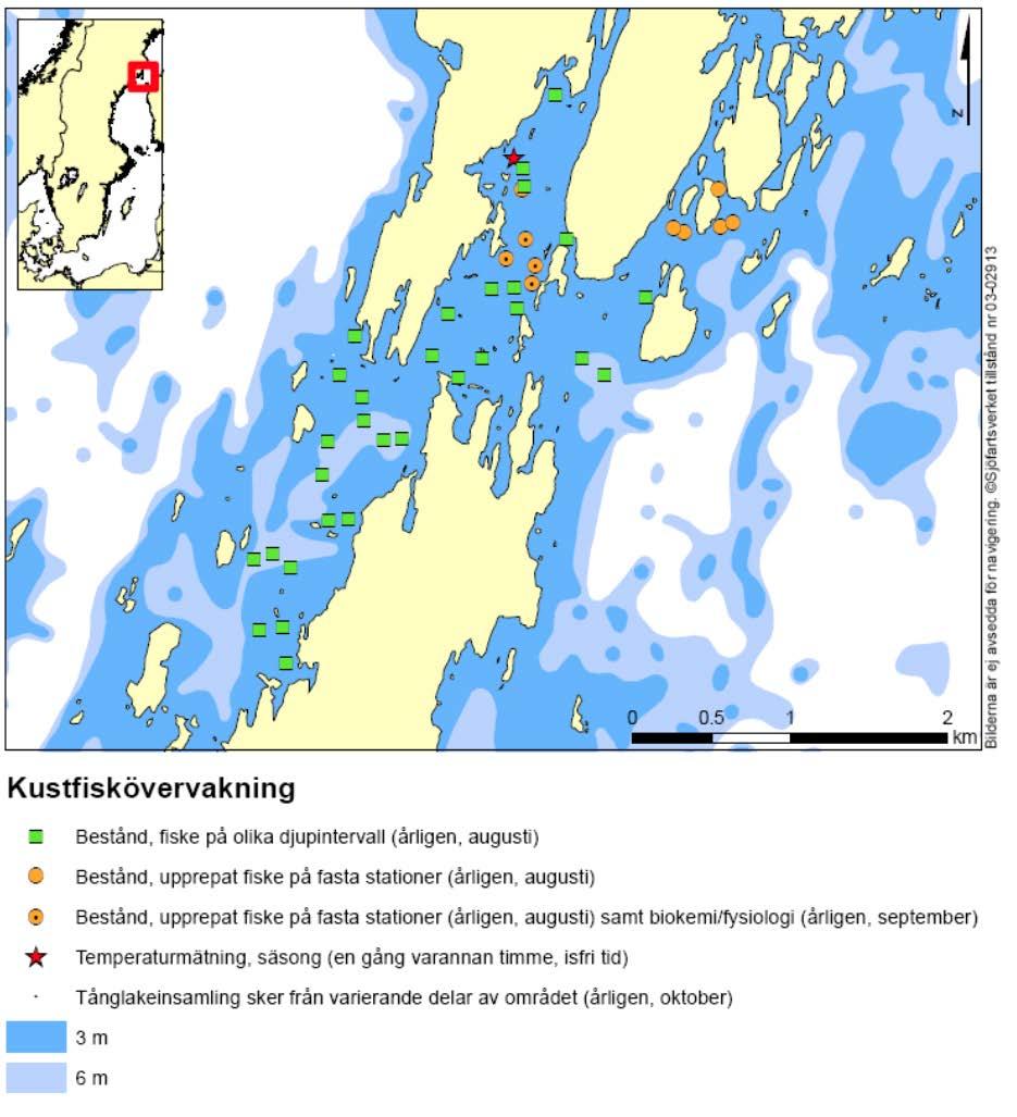 Karta över Holmöarna (fiskades ej 2015) Resultat kustfiskövervakningen Temperatur och siktdjup Medelsiktdjupet i samband med provfisket i augusti 2002-2016 har varierat mellan 4,5 och 6,5 meter.