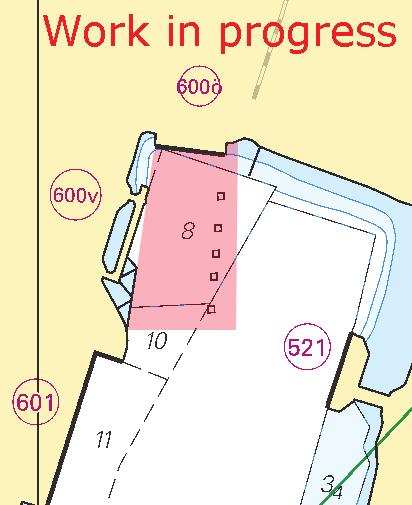 Försiktighet anmodas. Arbetsområde 57-41,5N 11-52,1E Bsp Västkusten S 2010/s15, s33, Bsp Västkusten S 2012/s19, s47 Sweden. Kattegat. Göteborg. Skandiahamnen. Quy 600v/ö. Removing dolphins.