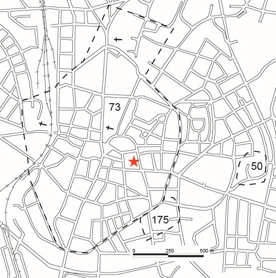Figur 1. Lunds medeltida stad, fornlämning 73, med platsen för undersökningen markerad med en röd stjärna.