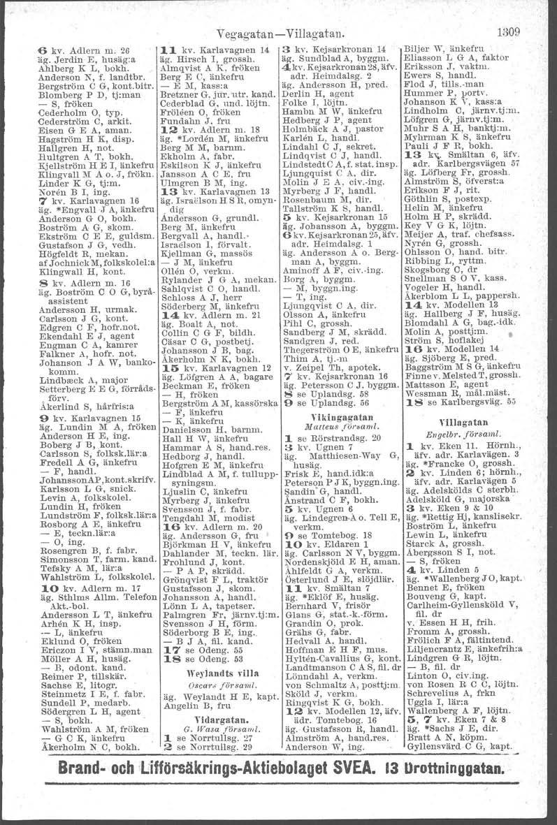 (> kv. Adlern m, 26 "äg. Jerdin E, husäg:a Ahlberg K L, bokh. Anderson N, f. landtbr. Bergström C G, kont.bitr. Blomberg P D, tj.man - S, fröken Cederholm 0, typ. Cederström C, arkit.