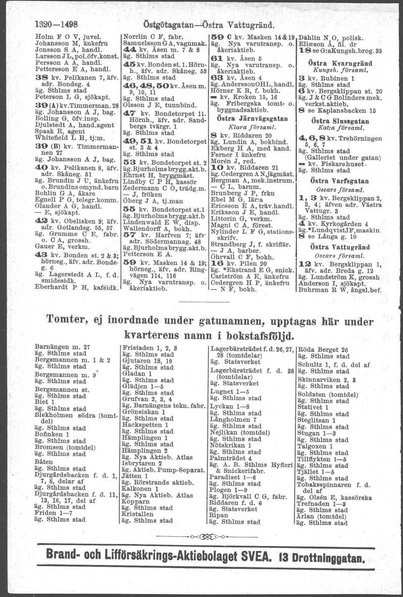1320-1498 Holm F V, juvel. Johansson M, änkefru Jonsson S A, handl. Larsson JL, pol.öfv.konst. Persson A A, handl. Pettersson E A, handl. 38 kv. Pelikanen 7, äfv, adr. Bondeg. 4 Peterson L G, sjökapt.