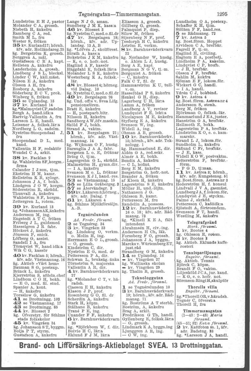 Lundström.E H J, pastor Molander C A, grossh. Nisbeth H, änkefru Ramberg C A, red. Smith M L, fru Wester S, fröken 35 kv. Kurland17; hörnh. äfv: adr. Holländareg.25 äg. Bergström K, grossh.