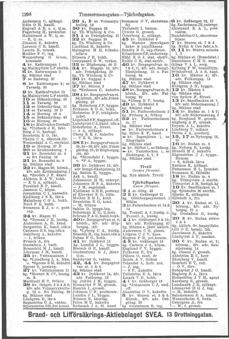 '1296 Andersson 0, sjökapt. Edin G H, handl. Engvall A B, e. o. tj.m. Fagerberg H, prokurist Hultstrand A W, tj. m. - E, tj. m. Jönsson E, änkefru Larsson C R, handl. Laurin H, urmark.