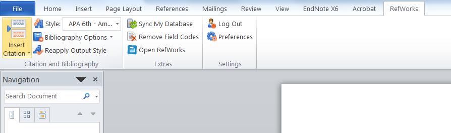 I Microsoft Word Lägga till och redigera referens Först behöver du se till att du är inloggad i RefWorks, vilket du gör via fliken som heter RefWorks och som finns i ditt Word-dokument efter att du