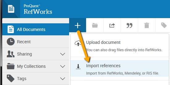 Ett annat sätt att få in dina befintliga referenser från Legacy RefWorks till New RefWorks är genom att inifrån ditt konto i New RefWorks klicka på Import references (se bilden nedan).