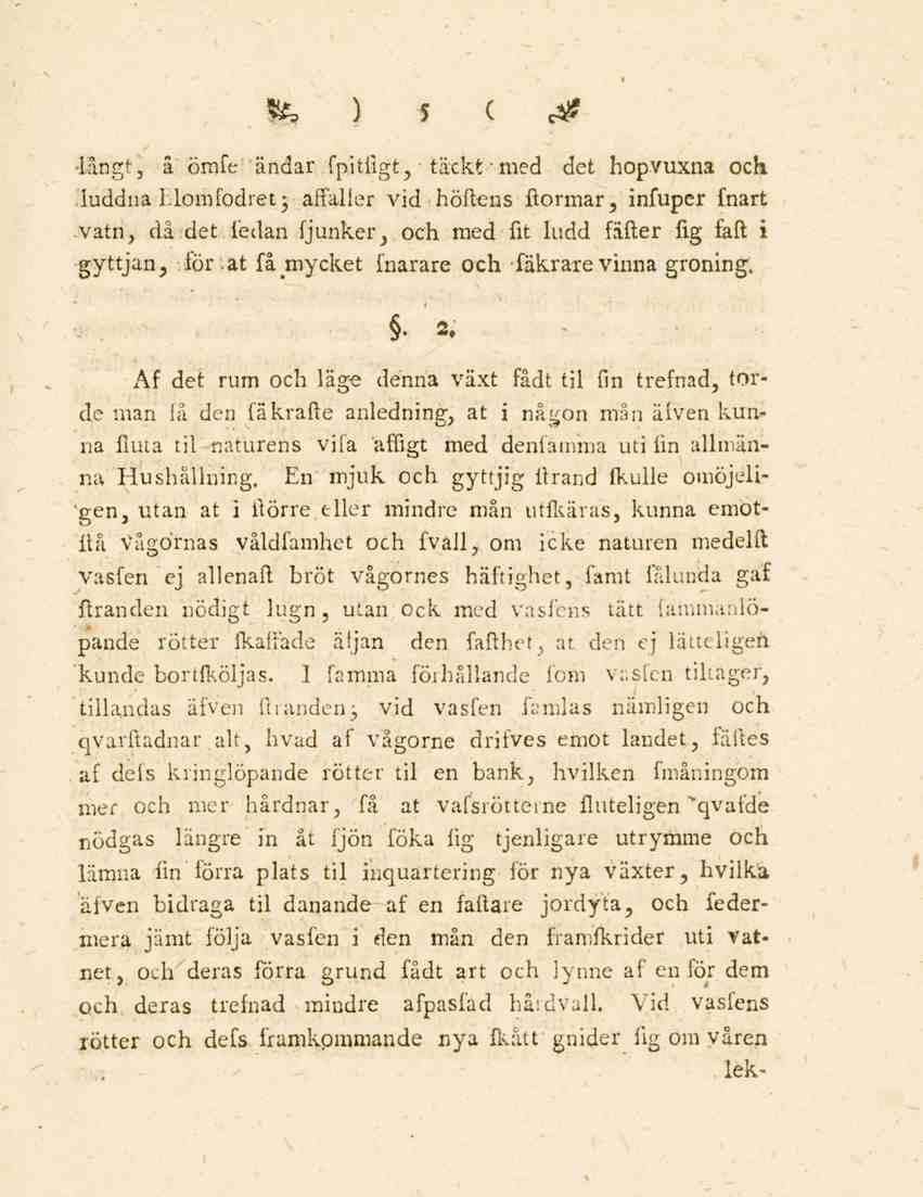 &)s c & "långt, å ömfe 'ändar fpitfigt, " täckt -med det hopvuxna och luddna blomfodret; affaller vid höftens ftormar, infuper fnart vatn, dådetfedan fjunker, och med fit ludd fäfter fig fatt i
