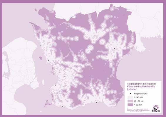 Tillgänglighet till regional kärna med kollektivtrafik Regional kärna 0 45 min 46 60 min >60 min Tillgänglighet till regionala kärnor inom 45 minuter Att resa med kollektivtrafiken är att resa