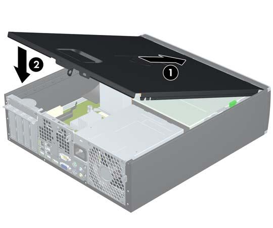 Sätta tillbaka datorns åtkomstpanel Skjut fliken på den främre delen av åtkomstpanelen så att den hamnar under fliken på framsidan av chassit (1), och tryck