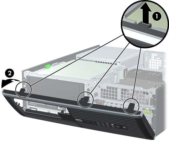 Ta bort täckramen för frontpanelen 1. Ta bort/koppla bort alla säkerhetsanordningar som förhindrar att datorn öppnas. 2. Ta bort alla flyttbara medier, t.ex.