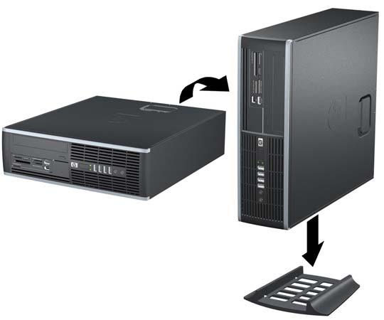 Använda en dator med liten formfaktor som minitower Small Form Factor-datorn kan användas i stående läge med hjälp av ett stativ (tillval) som finns att köpa från HP. 1.