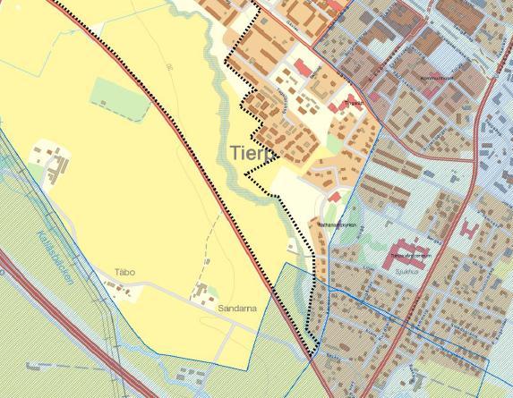 Figur 1. Södra delen av planområdet Siggbo (svart streckad linje) samt Arvidsbo vattenskyddsområde (blåa skrafferade området).