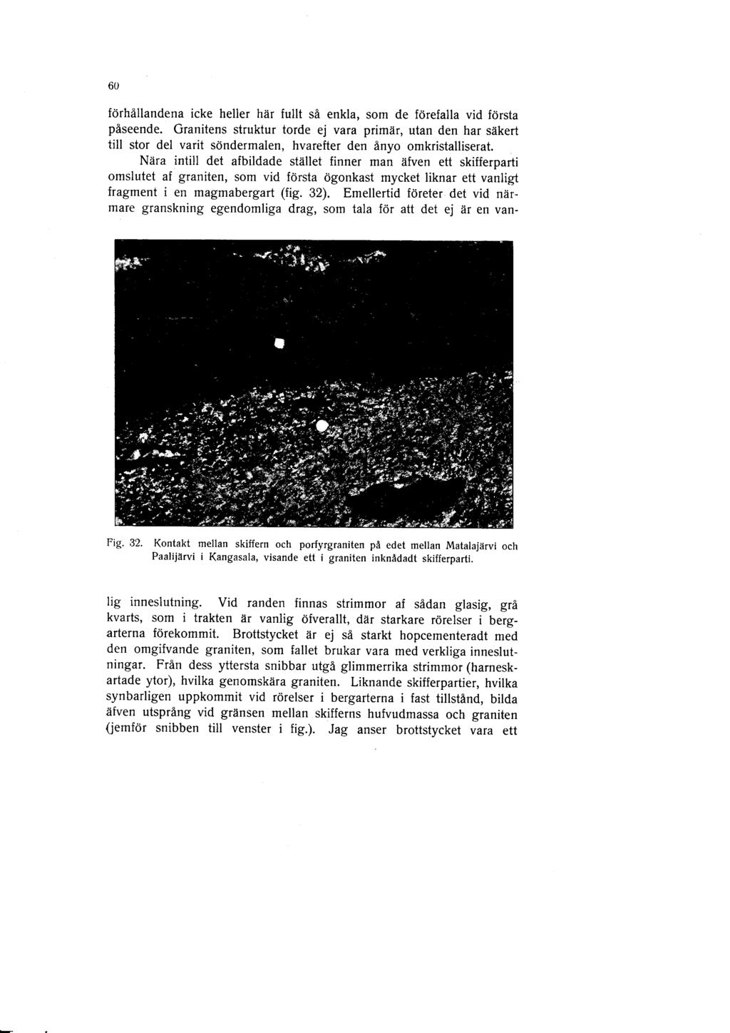 Fig. 32. Kontakt mellan skiffern och porfyrgraniten på edet mellan Matalajärvi och Paalijärvi i Kangasala, visande ett i graniten inknådadt skifferparti.