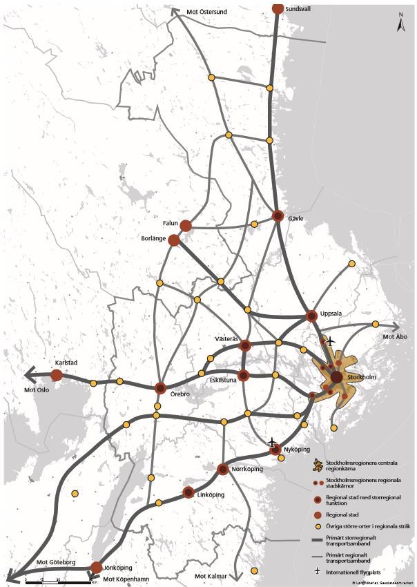 Figur 42. Strukturbild för Östra Mellansverige. Viktiga funktionella samband.