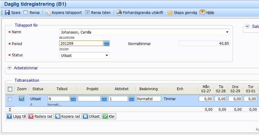 Hur tidredovisar man i Agresso? 1. Arbetstid redovisar du genom att fylla i bokstaven N i rutan för Tidkod 2. Ange verksamhet i rutan för projektkod. 3. Under aktivitet skall siffran 1 anges. 4.