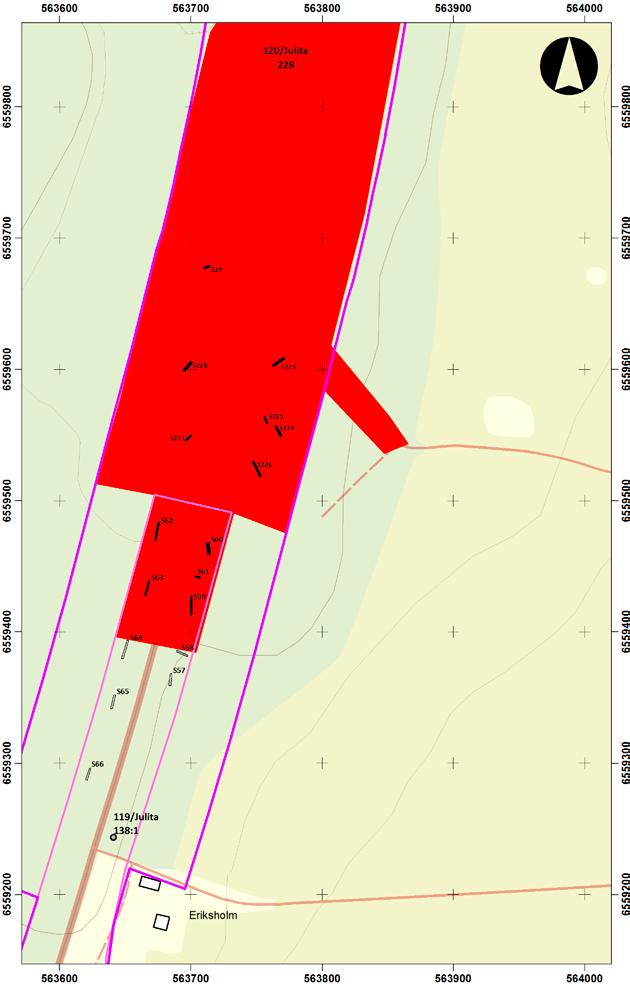 Utdrag ur Fastighetskartan med grävda sökschakt/rutor inom objekt